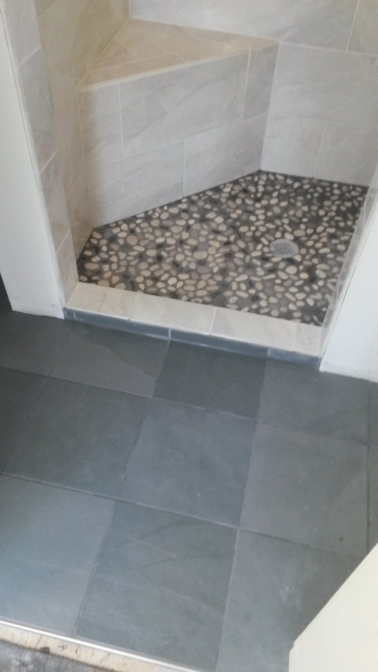 Bathroom shower light gray subway tile