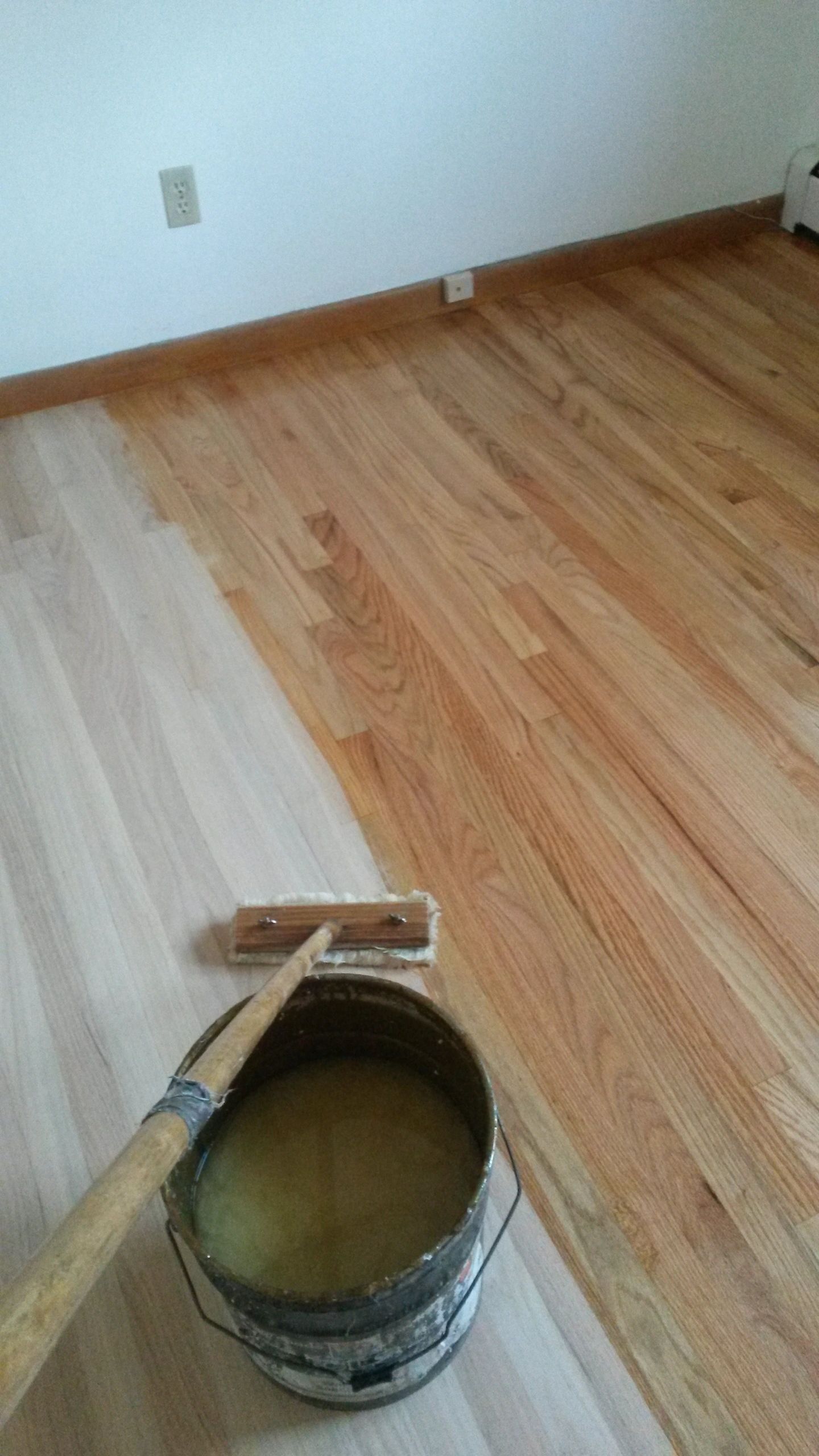 Hardwood floor installation in progress