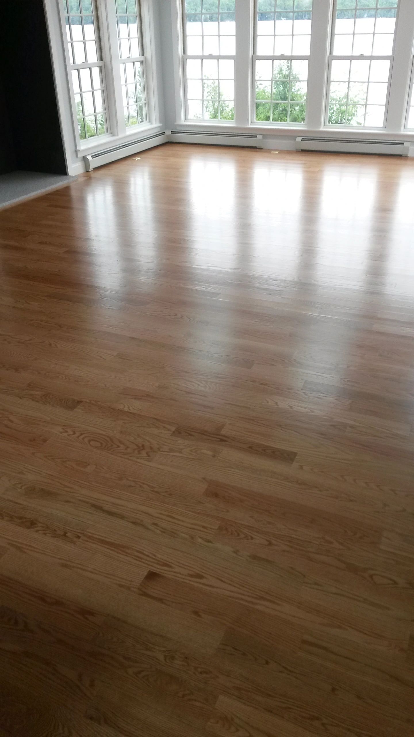Empty room light wood laminate bay window